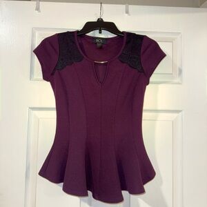 BCX Women's Deep Purple Blouse with Black Lace and Silver Detail - XXS